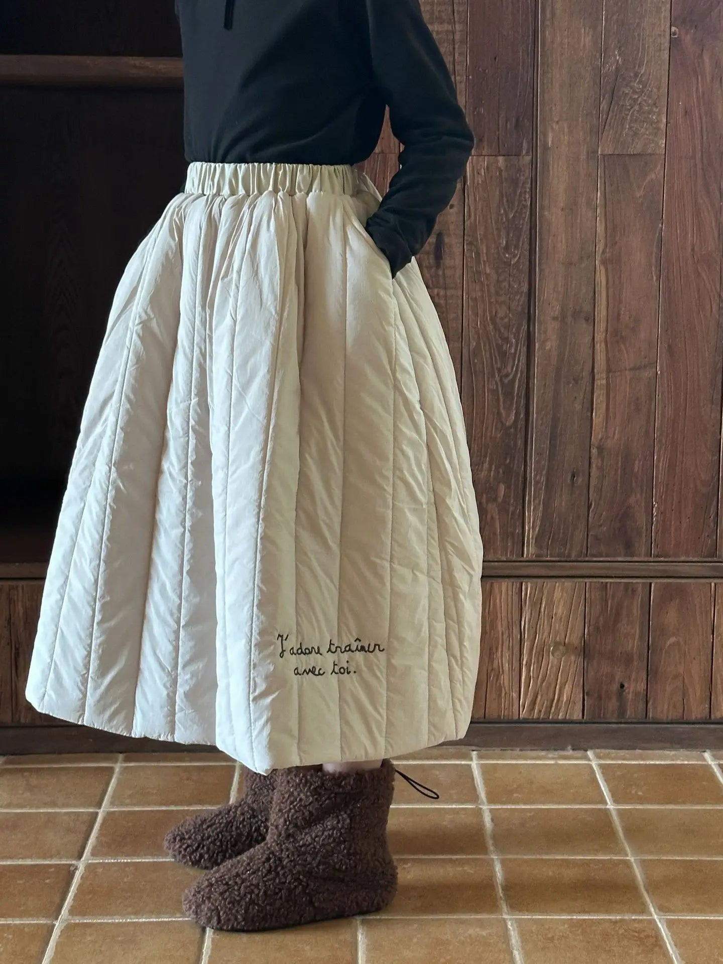 スカート Apricot / 90cm 24M キッズスカート レターロゴ刺繍キルティング防寒スカート【mh0008180】