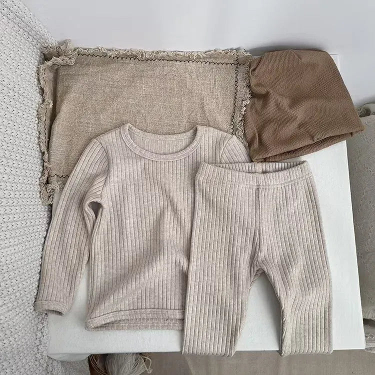 長袖セットアップ Apricot / 9M  73CM ベビーキッズセットアップ 2点セット シンプル長袖リブTシャツ+リブロングパンツ ルームウェア【mh0008582】