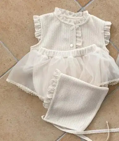 長袖セットアップ Apricot / 9M  73CM ベビーセットアップ 3点セット フリルベスト+チュールスカートドッキングブルマパンツ+ボンネット帽子【mh0008312】