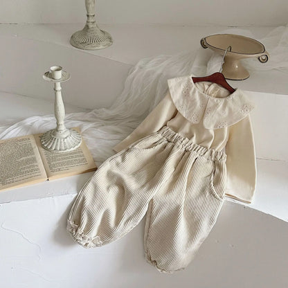 ロングパンツ・スウェットパンツ Apricot / 9M  73CM ベビーパンツ 裾レースフリルコーデュロイルーズロングパンツ アプリコット【mh0006717】