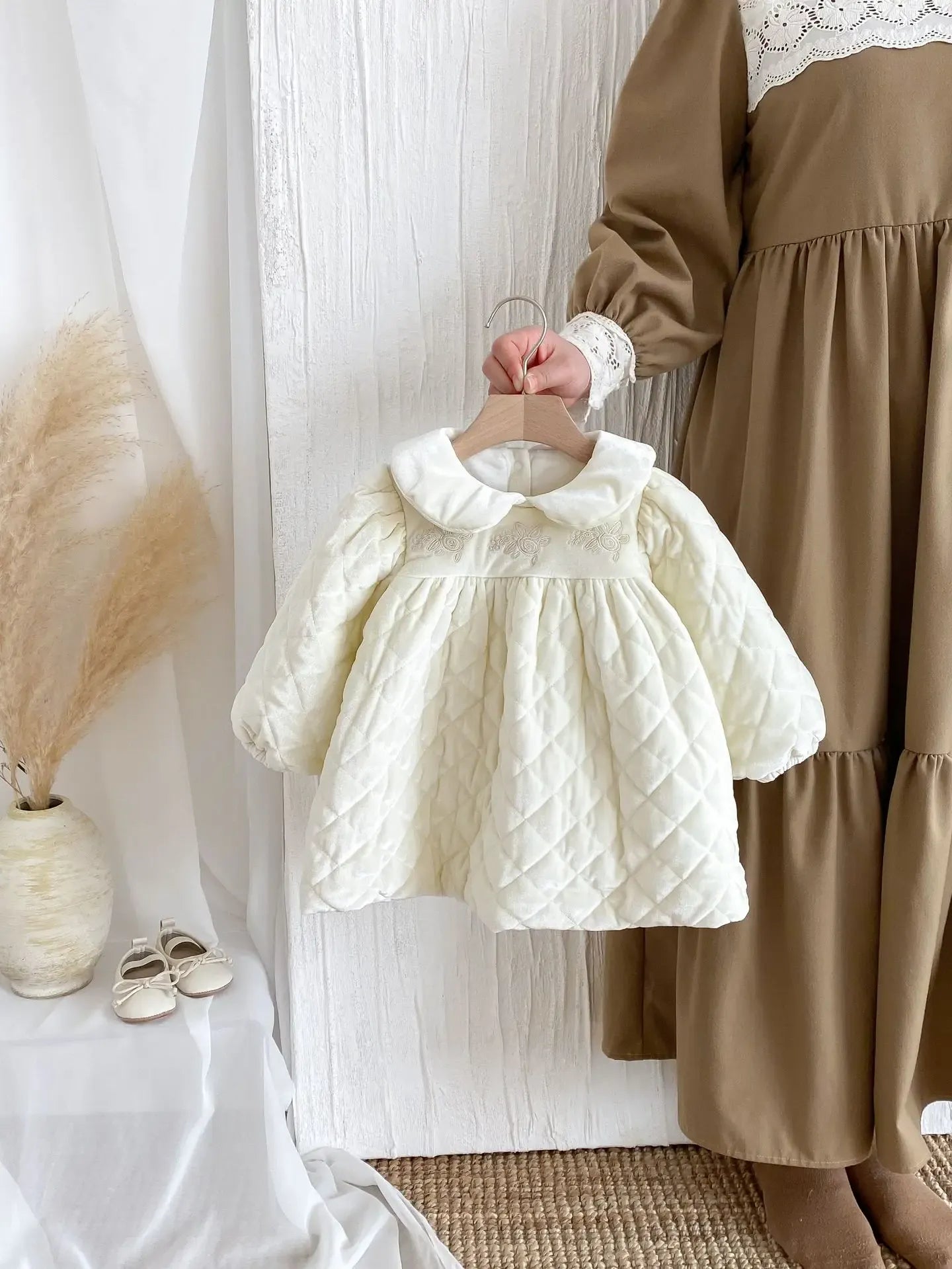 長袖ワンピース Apricot / 9M  73CM ベビーワンピース キルティングパデッド丸襟長袖防寒ワンピース【mh0007863】