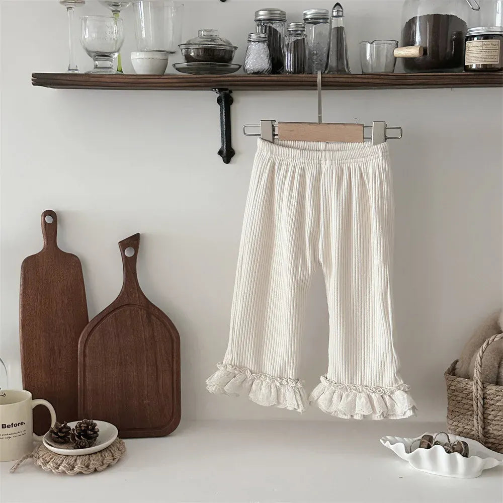 レギンスパンツ Apricot / 9M  73CM ベビーパンツ 裾ボリュームレースフリル裏フリースリブレギンスパンツ【mh0007866】