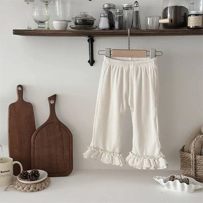 レギンスパンツ Apricot / 9M  73CM ベビーパンツ 裾ボリュームレースフリル裏フリースリブレギンスパンツ【mh0007866】