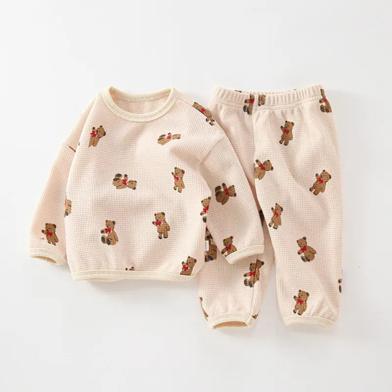 長袖パジャマ apricot / 9M 73CM ベビーパジャマセット ワッフル 長袖Tシャツ+ロングパンツ ベアくまプリント 3カラー