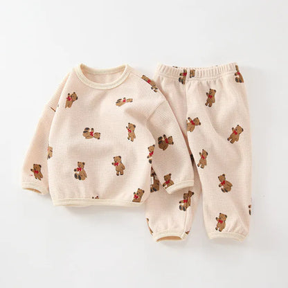 長袖パジャマ apricot / 9M 73CM ベビーパジャマセット ワッフル 長袖Tシャツ+ロングパンツ ベアくまプリント 3カラー