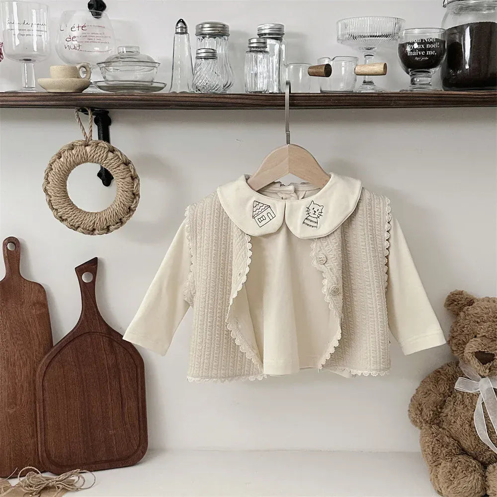 長袖シャツ・ブラウス Apricot / 9M  73CM ベビートップス ねこキャット刺繍丸襟長袖ブラウスTシャツ【mh0008541】