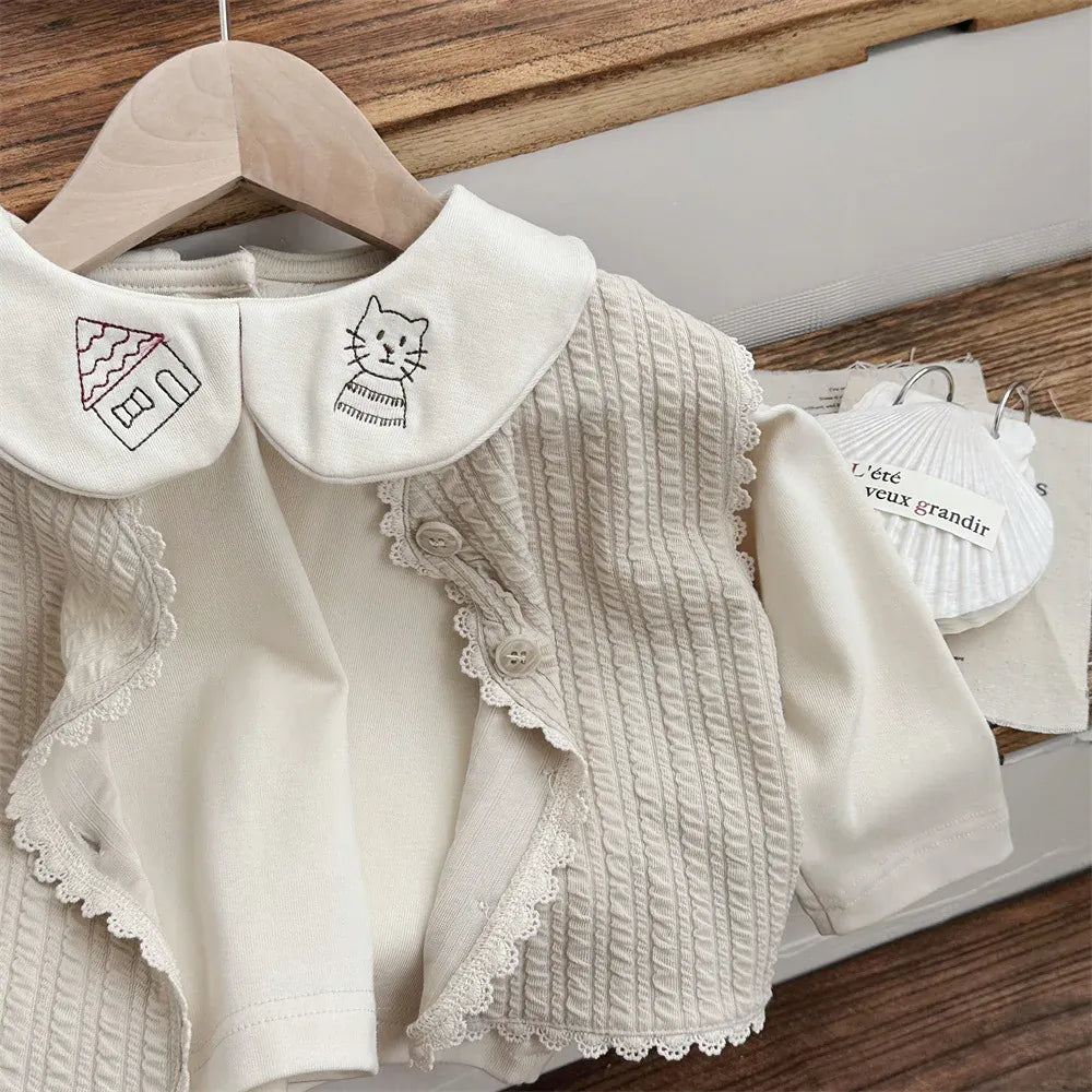 長袖シャツ・ブラウス Apricot / 9M  73CM ベビートップス ねこキャット刺繍丸襟長袖ブラウスTシャツ【mh0008541】