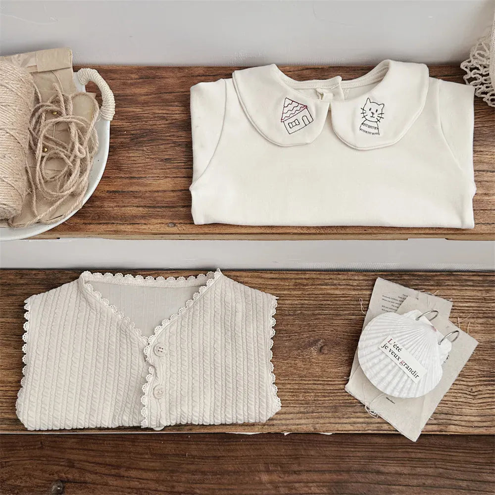 長袖シャツ・ブラウス Apricot / 9M  73CM ベビートップス ねこキャット刺繍丸襟長袖ブラウスTシャツ【mh0008541】