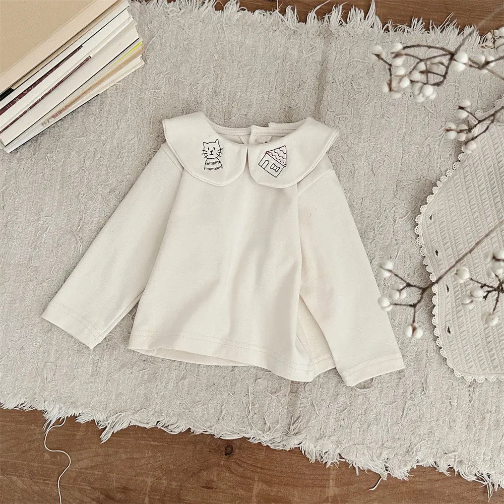 長袖シャツ・ブラウス Apricot / 9M  73CM ベビートップス ねこキャット刺繍丸襟長袖ブラウスTシャツ【mh0008541】