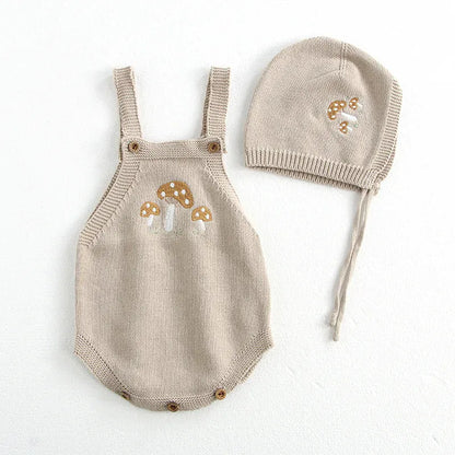 ロンパースセットアップ Apricot bodysuit / 66cm ベビーカーディガン/ロンパース ニットきのこ刺繍カーディガンジャケット/ニットマッシュルーム刺繍サスペンダーボディスーツ+ボンネット帽子セット 2カラー【mh0006696】