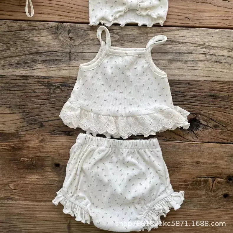 幼児用下着 apricot floral / 9M  73CM ベビーセットアップ 3点セット キャミソール+フリルブルマパンツ+リボンヘアバンド インナー肌着下着セット【mh0008792】