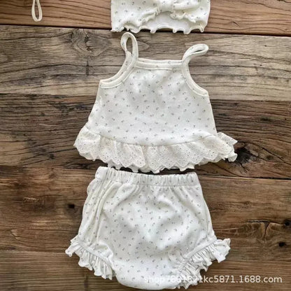 幼児用下着 apricot floral / 9M  73CM ベビーセットアップ 3点セット キャミソール+フリルブルマパンツ+リボンヘアバンド インナー肌着下着セット【mh0008792】