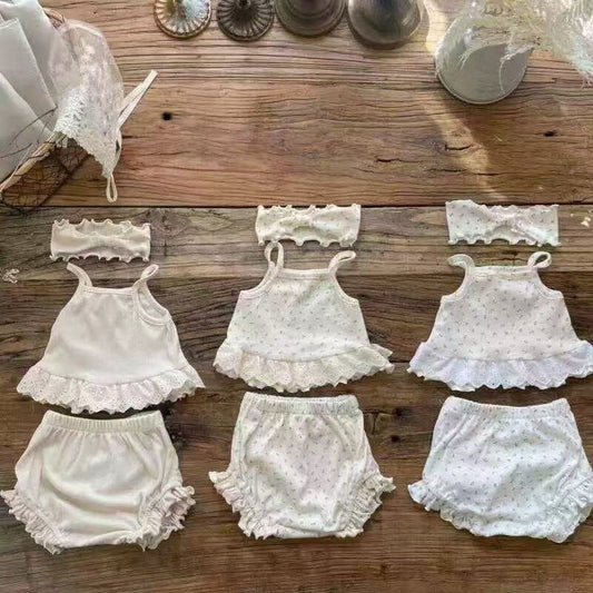 ノースリーブセットアップ Apricot Flower / 73cm ベビーセットアップ 3点セット ペプラムレースキャミソールトップス+フリルブルマショートパンツ+ヘアバンド【mh0009158】