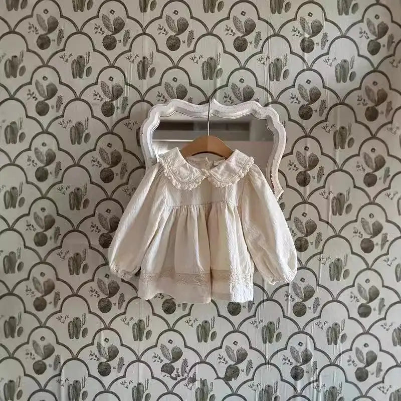 長袖セットアップ apricot shirts / 9M  73CM ベビートップス/パンツ レースフリル丸襟チュニックブラウス/裾レースレギンスパンツ【mh0008264】