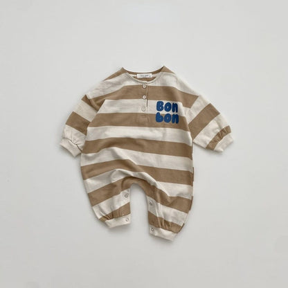 長袖ロンパース apricot stripe / 66cm / 取り寄せ（7〜35日） ベビー ボーダー レターロゴ プリント 長袖 ジャンプスーツ ロンパース ボーイズ