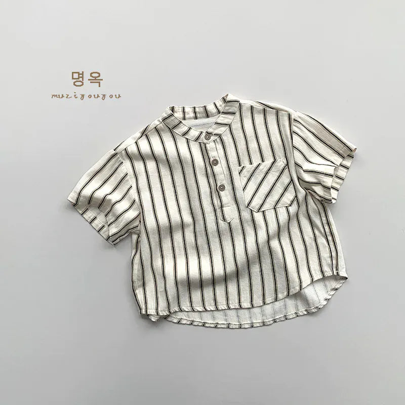 半袖シャツ・ブラウス apricot stripe / 80cm 9-12m キッズトップス 半袖シャツ ストライプ ノーカラー 2カラー