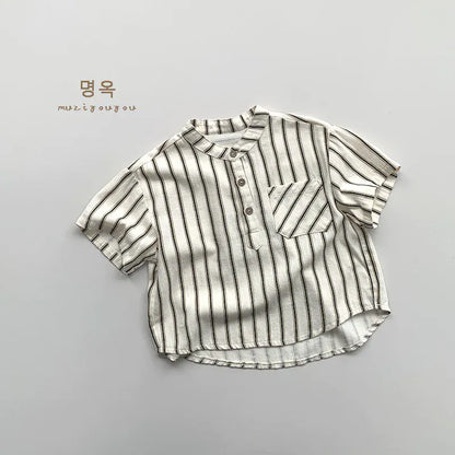 半袖シャツ・ブラウス apricot stripe / 80cm 9-12m キッズトップス 半袖シャツ ストライプ ノーカラー 2カラー