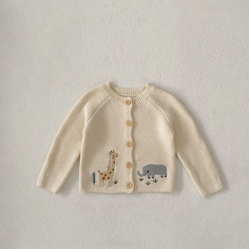 カーディガン・パーカー apricot white / 6M  66cm ベビーカーディガン ニットジャケット アニマル刺繍 象エレファントキリン アプリコットホワイト