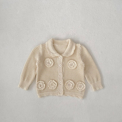 カーディガン・パーカー apricot white / 6M  66cm ベビーカーディガン レースニット 襟付きジャケット フラワー刺繍 アプリコットホワイト