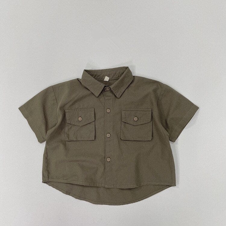 半袖シャツ・ブラウス army green / 12M/80cm キッズ シンプル ベーシック 半袖 サファリ シャツ ブラウス トップス アーミーグリーン ダークカーキ ボーイズ