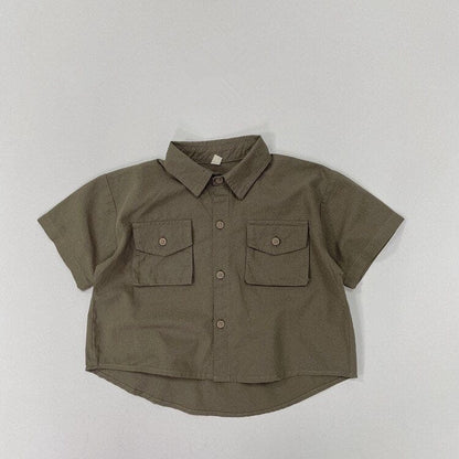 半袖シャツ・ブラウス army green / 12M/80cm キッズ シンプル ベーシック 半袖 サファリ シャツ ブラウス トップス アーミーグリーン ダークカーキ ボーイズ