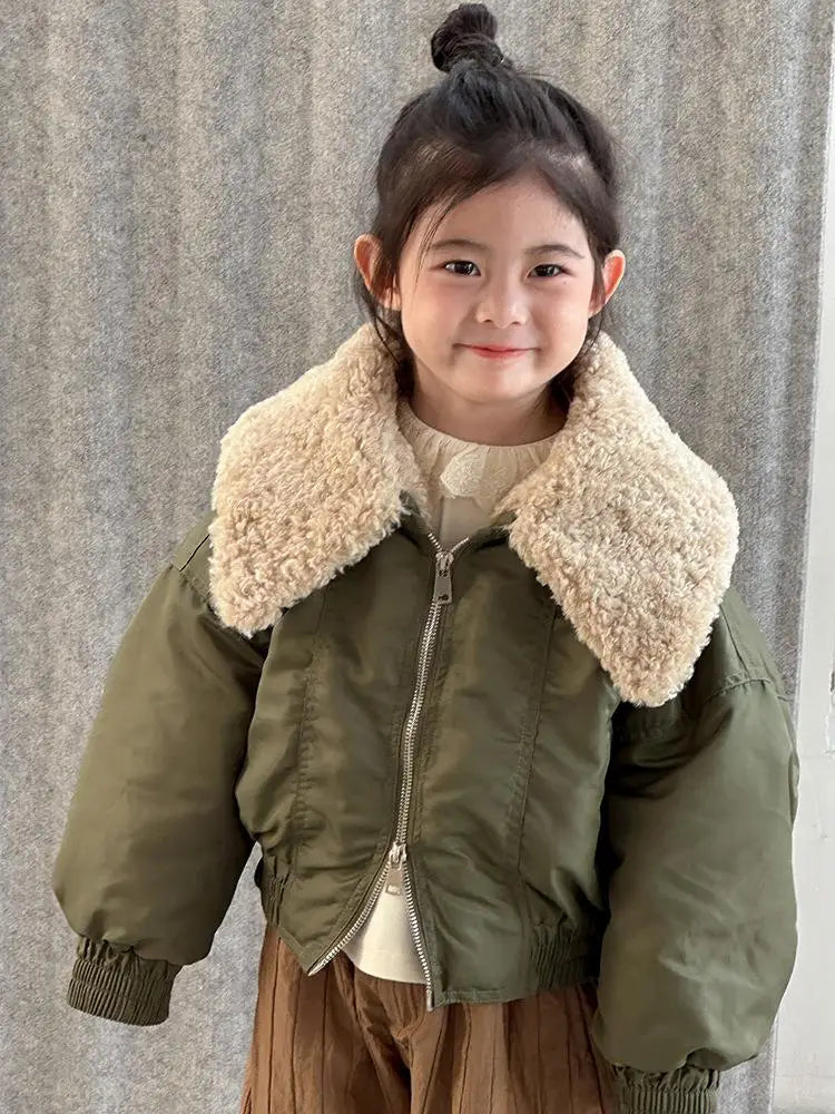 ショートコート・ジャケット・ジャンパー Army Green / 24M  90CM キッズアウター ボアフリースビッグ襟MA-1スタイルブルゾンフライトジャケット【mh0007994】