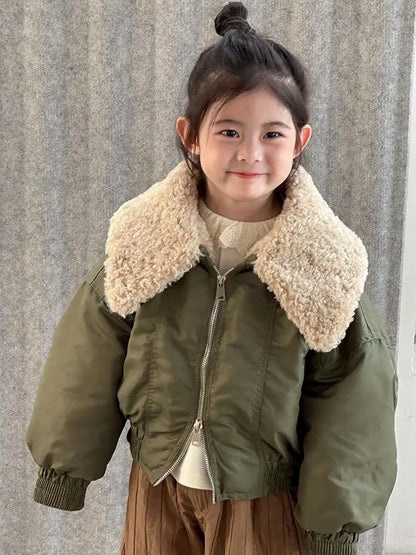 ショートコート・ジャケット・ジャンパー Army Green / 24M  90CM キッズアウター ボアフリースビッグ襟MA-1スタイルブルゾンフライトジャケット【mh0007994】