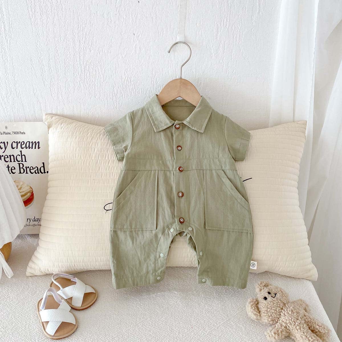 半袖ジャンプスーツ Army Green / 66cm シンプル半袖シャツジャンプスーツ【mh0009768】