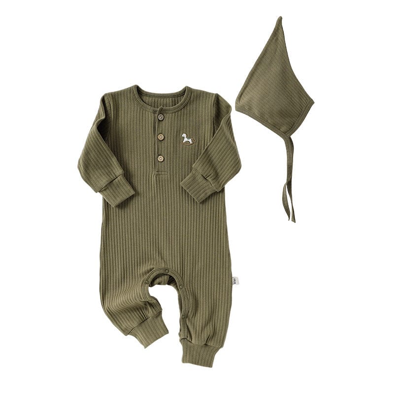 長袖ロンパース Army Green / 66cm 木馬ワンポイントリブ長袖ロンパース【mh0010740】
