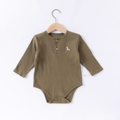 長袖ロンパース Army Green / 66cm 木馬ワンポイント刺繍リブ長袖ボディスーツ【mh0010742】