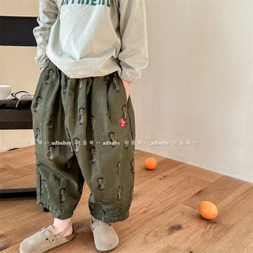 ロングパンツ・スウェットパンツ army green / 80cm キッズパンツ ルーズコットンロングパンツ ペンギンプリント柄 アーミーグリーン/カーキイエロー/2カラー