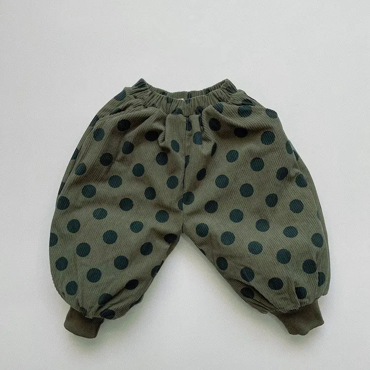 ロングパンツ・スウェットパンツ army green / 80cm キッズパンツ 裏ファーフリース コーデュロイパンツ 水玉 ドットプリント ジョガーパンツ アーミーグリーン カーキ 2カラー ユニセックス 男の子 女の子 子供服