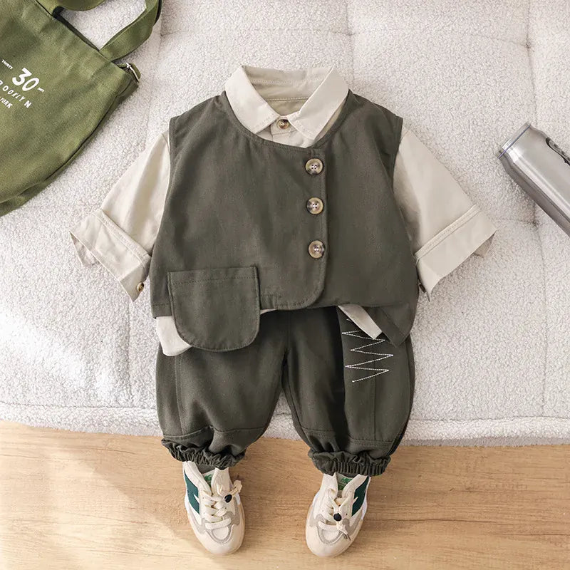 長袖セットアップ Army Green / 80cm 9-12M キッズセットアップ 3点セット 長袖シャツ+アシメボタンベスト+ステッチアクセントロングパンツ 2カラー【mh0007311】