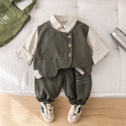 長袖セットアップ Army Green / 80cm 9-12M キッズセットアップ 3点セット 長袖シャツ+アシメボタンベスト+ステッチアクセントロングパンツ 2カラー【mh0007311】