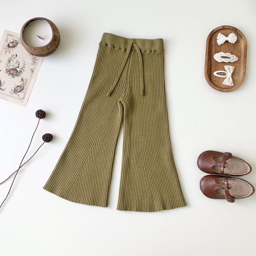 ロングパンツ・スウェットパンツ army green / 90cm キッズ ニット ルーズ フレアパンツ 無地 ボーダー ガールズ 女の子
