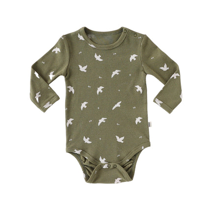 ロンパースセットアップ Army green Bodysuit / 66cm クロワッサン/バードプリント長袖ボディスーツ/ロングパンツ【mh0010737】