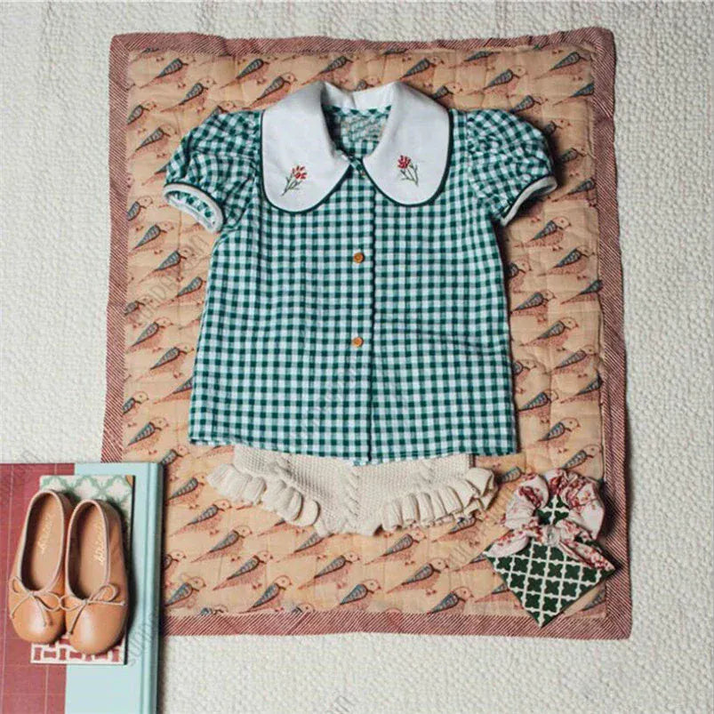 半袖シャツ・ブラウス B / 80cm キッズトップス 半袖パフスリーブブラウス レトロ チェック/フラワ花柄プリント【mh0005920】