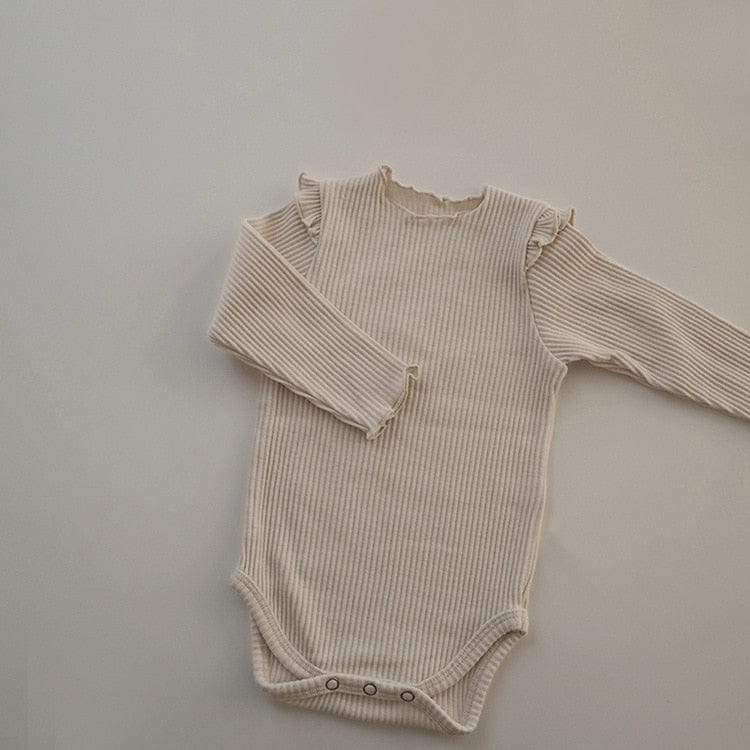 長袖ロンパース B romper Beige / 66cm ベビー シンプル ベーシック フリル 長袖 ロンパース リボン ヘアバンド ユニセックス 2647A