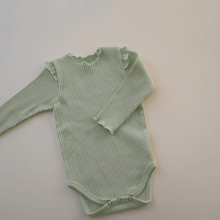 長袖ロンパース B romper Green / 66cm ベビー シンプル ベーシック フリル 長袖 ロンパース リボン ヘアバンド ユニセックス 2647A
