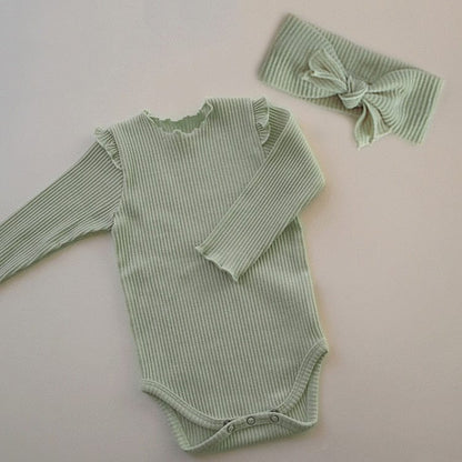 長袖ロンパース B romper headband / 66cm ベビー シンプル ベーシック フリル 長袖 ロンパース リボン ヘアバンド ユニセックス 2647A