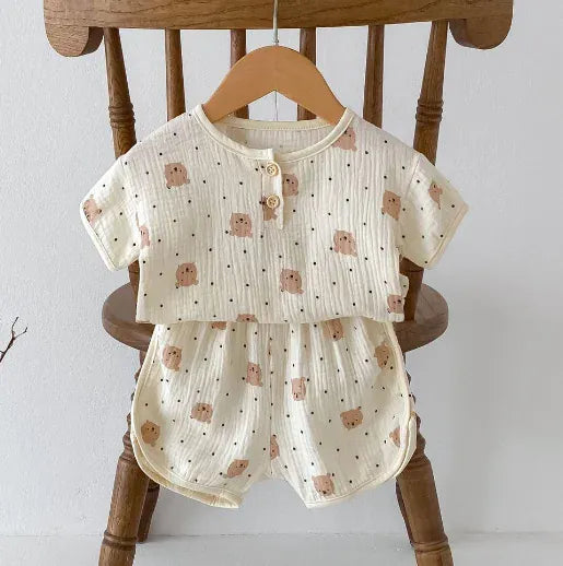 半袖パジャマ bear / 66cm 0-6m ベビーセットアップ 2点セット パジャマ 半袖シャツ+ショートパンツ ルームウェア 3柄