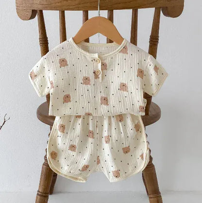 半袖パジャマ bear / 66cm 0-6m ベビーセットアップ 2点セット パジャマ 半袖シャツ+ショートパンツ ルームウェア 3柄