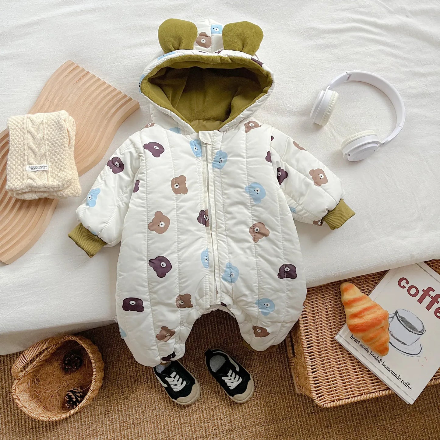 アウタージャンプスーツ bear / 6M  66CM ベビーアウタージャンプスーツ くま耳フーディキルティング長袖ロンパース【mh0008047】