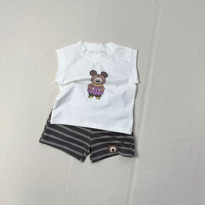 ノースリーブセットアップ Bear / 73cm アニマルプリントノースリーブTシャツ+ボーダーショートパンツセットアップ 2点セット【mh0010415】