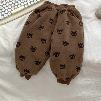 ロングパンツ・スウェットパンツ bear / 90cm ベビーパンツ フリーススウェットパンツ くまベア柄 レオパード柄プリント ブラウン【mh0003443】