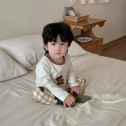 長袖セットアップ bear3 / 9M  73CM ベビーキッズセットアップ 2点セット 長袖パジャマセット 長袖プリントTシャツ+ロングパンツ【mh0008347】