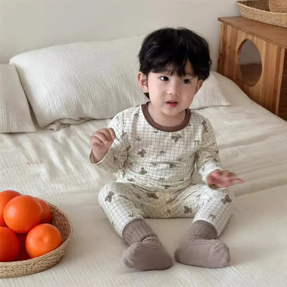 長袖セットアップ bear4 / 9M  73CM ベビーキッズセットアップ 2点セット 長袖パジャマセット 長袖プリントTシャツ+ロングパンツ【mh0008347】