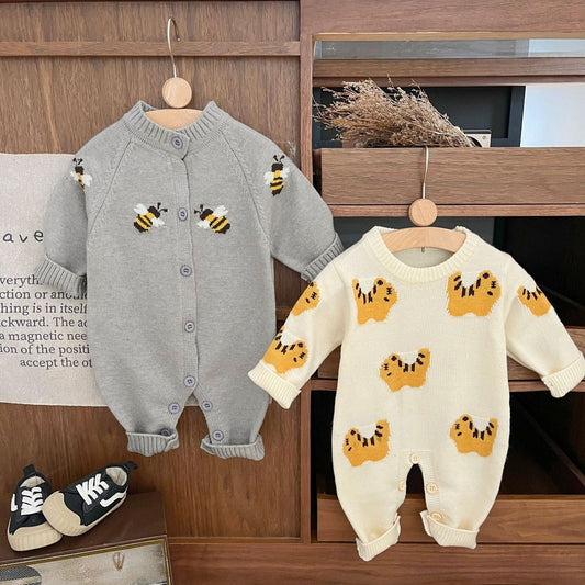 長袖ロンパース ベビージャンプスーツ ハチBee刺繍ニット長袖ロンパース【mh0009197】