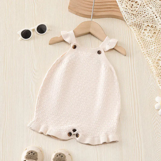 ノースリーブロンパース Beige / 0-3M 59cm ベビーロンパース サスペンダージャンプスーツ ニット フリル ベージュ【mh0006472】