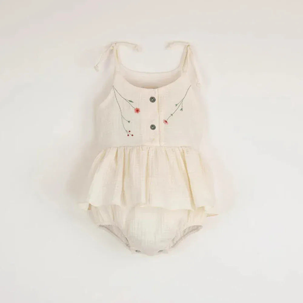 ノースリーブロンパース Beige / 0-6 Months 66cm ベビーロンパース キャミソールスカートボディスーツ フラワー花柄刺繍 3カラー【mh0005947】